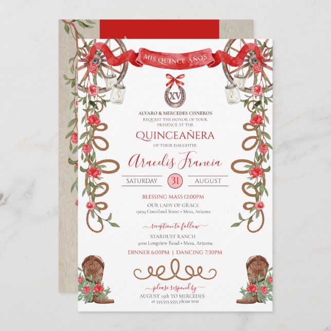 Red Green Rustic Boho Western Charra Quinceanera I Invitation (Front/Back)