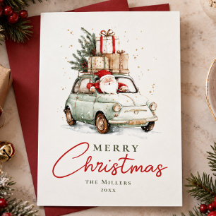 Red Green Santa Car Watercolor Christmas Holiday Card