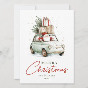 Red Green Santa Car Watercolor Christmas Holiday Card