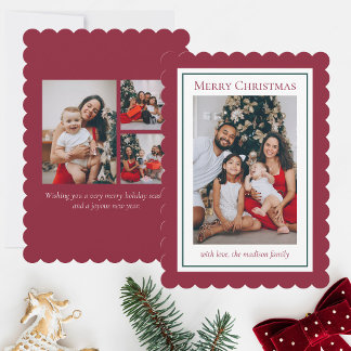 Red & Green Scallop and Stripe Modern Christmas Holiday Card