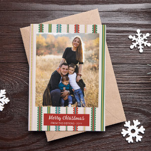 Red Green Scalloped Stripes Photo Merry Christmas Holiday Card