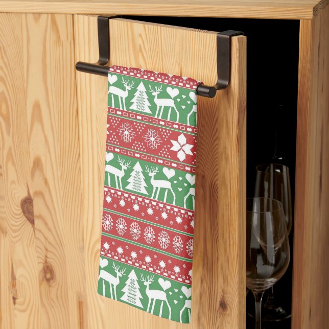 Red & Green Scandinavian Nordic Winter Christmas Tea Towel (Thirds Fold)