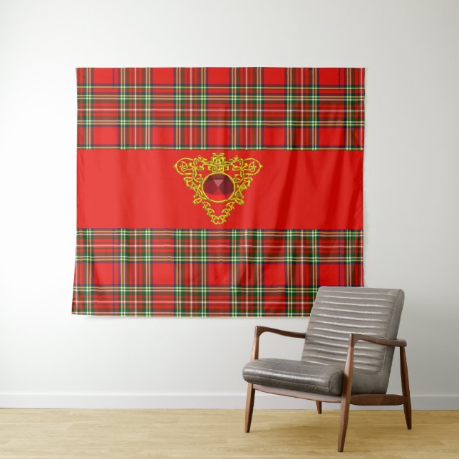 RED GREEN SCOTTISH TARTAN,GOLD CELTIC KNOTS HEART TAPESTRY (In Situ (Horizontal))