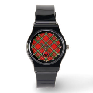 RED GREEN SCOTTISH TARTAN ,PINK GEMSTONES MONOGRAM WATCH