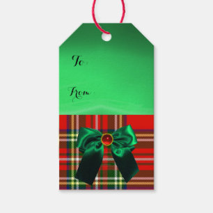 RED GREEN SCOTTISH TARTAN WITH CHRISTMAS BOWS GIFT TAGS