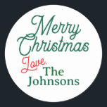 Red Green Script Custom Name Merry Christmas White Classic Round Sticker<br><div class="desc">Adorn your holiday mail and packages with your own Red Green Script Custom Name Merry Christmas White Round Sticker to add a personal touch.</div>