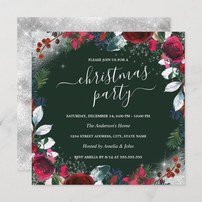 Red Green Silver Sparkle Wreath Christmas Party  Invitation (Front/Back)