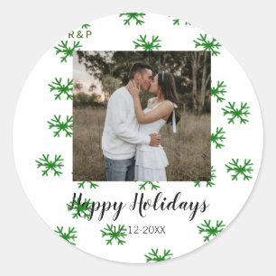 red green snowflakes text photo merry christmas classic round sticker
