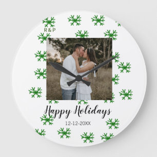 red green snowflakes text photo merry christmas large clock