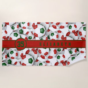 Red green soccer balls pattern personalised name  beach towel