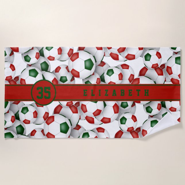 Red green soccer balls pattern personalised name  beach towel (Front)