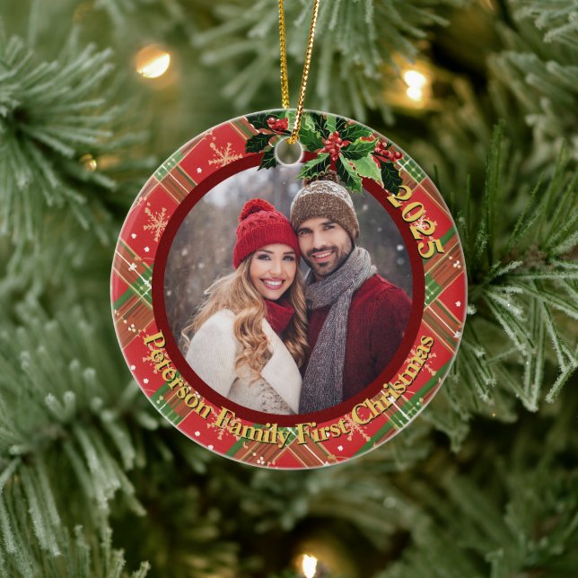 Red Green Stars Plaid | Our First Christmas Photo Ceramic Tree Decoration (Tree)