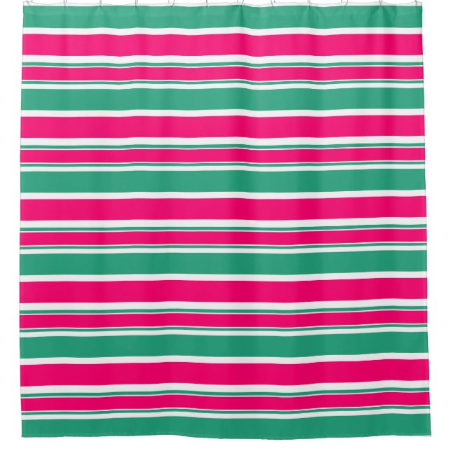 Red -green striped horizontal pattern shower curtain (Front)