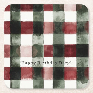 Red Green Stripes Birthday Square Paper Coaster