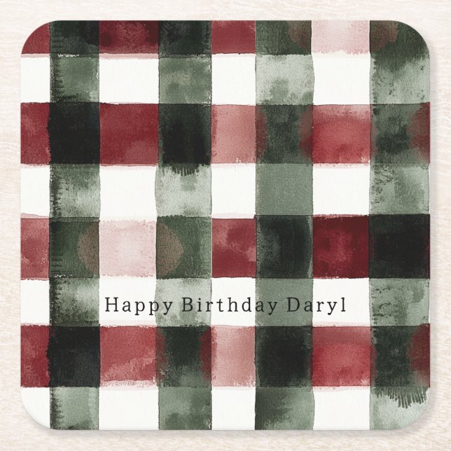 Red Green Stripes Birthday Square Paper Coaster (Front)