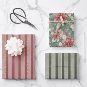 Red Green Stripes Floral Christmas Wrapping Paper Sheet
