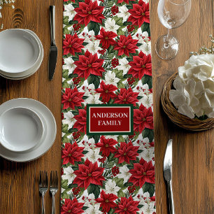 Red Green Table Runner Chic Poinsettia Custom Name