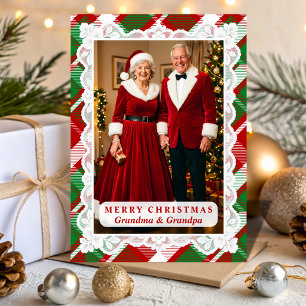 Red Green Tartan Lace Christmas Grandparents Photo Holiday Card