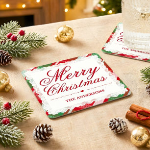 Red Green Tartan Lace Christmas Paper Coaster