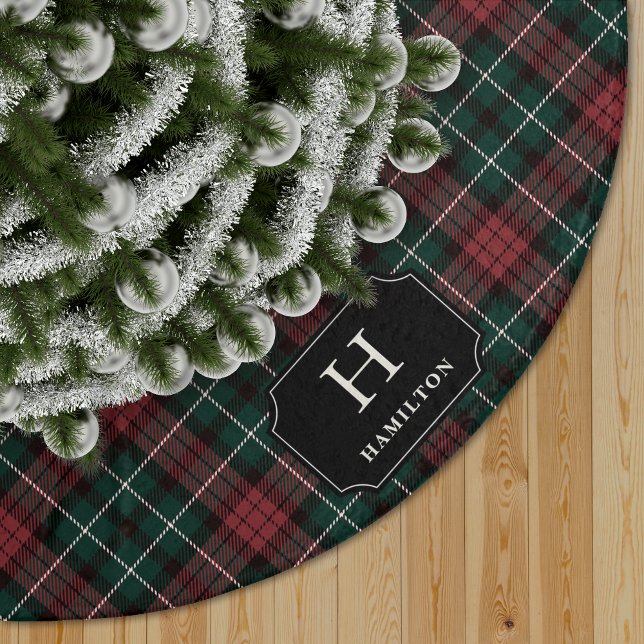 Red & Green Tartan Plaid Monogram & Family Name Brushed Polyester Tree Skirt (Creator Uploaded)