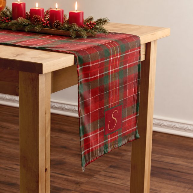 Red Green Tartan Plaid Monogram Short Table Runner (Creator Uploaded)