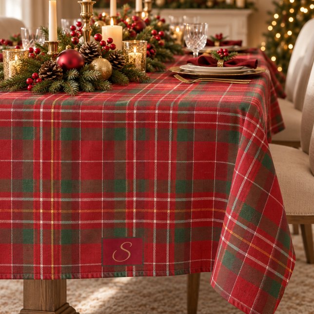 Red Green Tartan Plaid Monogram Tablecloth (Creator Uploaded)