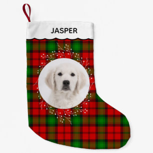 Red Green Tartan Plaid Winter Wreath Pet Dog Photo Small Christmas Stocking