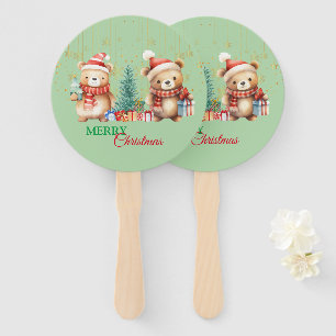Red Green teddy Bear Santa Merry Christmas Party  Hand Fan