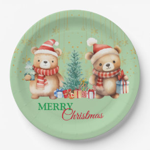 Red Green teddy Bear Santa Merry Christmas Party  Paper Plate