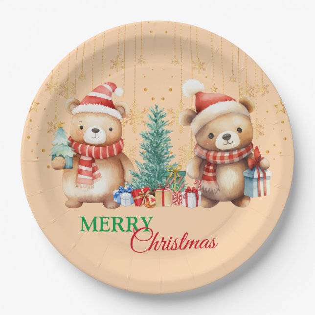 Red Green teddy Bear Santa Merry Christmas Party  Paper Plate (Front)