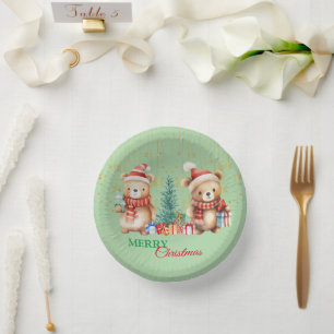 Red Green teddy Bear Santa Merry Christmas Party Paper Plate