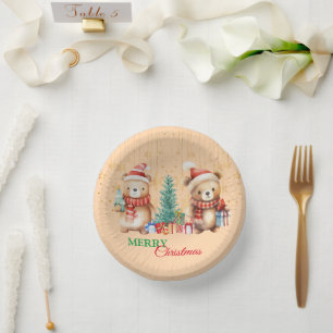 Red Green teddy Bear Santa Merry Christmas Party Paper Plate