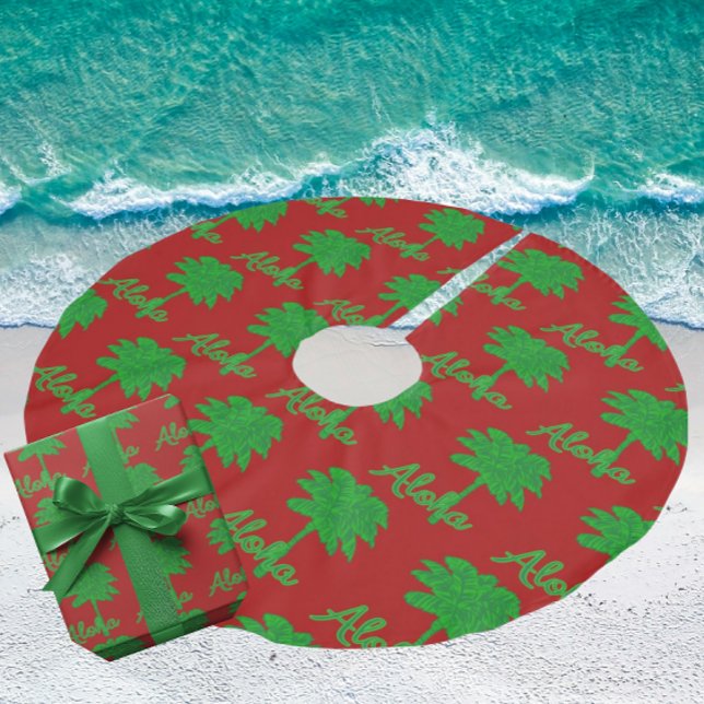 Red Green Tropical Palm Tree Aloha Tree Skirt (Green palms on rich red background)