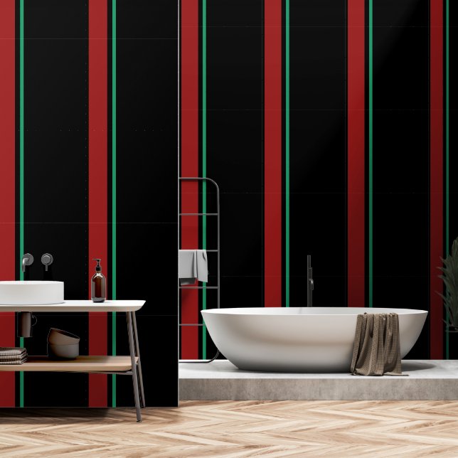 Red + Green  Vertical Stripe Black   Wallpaper (Bathroom)