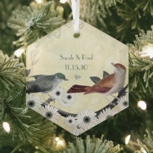 Red & Green Vintage Birds on Blooming Branch Glass Tree Decoration