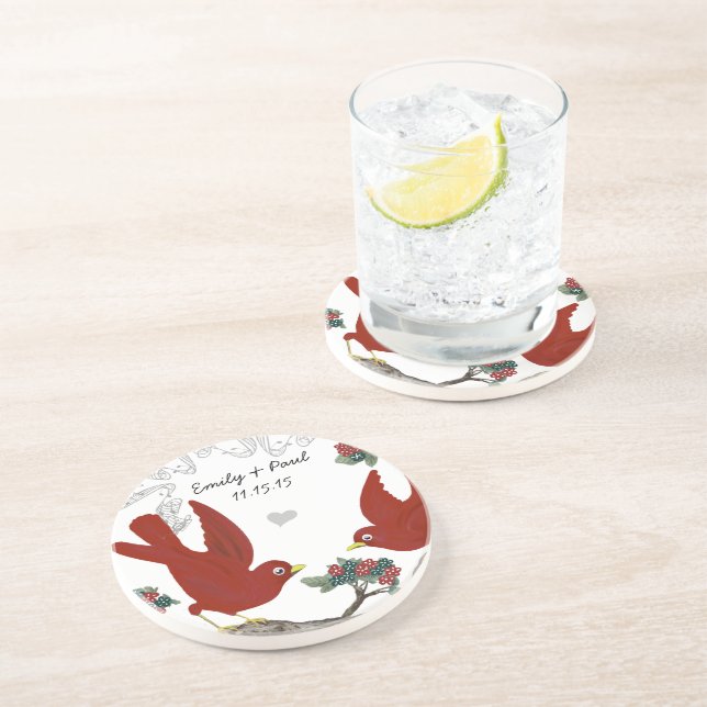 Red & Green Vintage Love Birds Coasters (Side)
