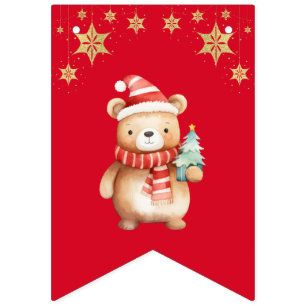 Red Green watercolor Bear Merry Christmas Party Bunting