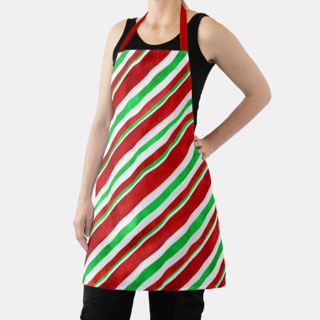 Red Green Watercolor Candy Cane Stripes 2 Apron (Insitu)