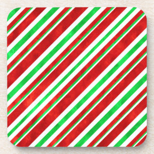 Red Green Watercolor Candy Cane Stripes 2 Coaster