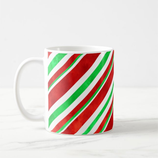 Red Green Watercolor Candy Cane Stripes 2 Coffee Mug (Left)