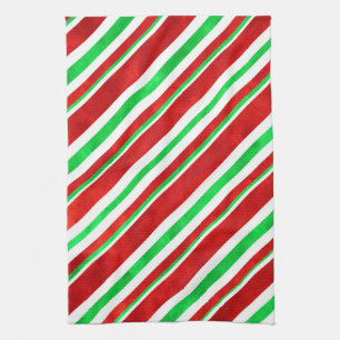 Red Green Watercolor Candy Cane Stripes 2 Tea Towel