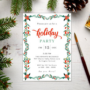 Red Green Watercolor Chic Christmas Holiday Party Invitation