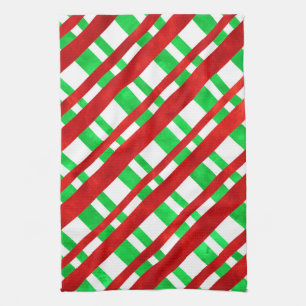 Red Green Watercolor Diagonal Plaid  Tea Towel