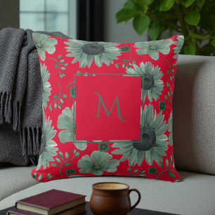Red Green Watercolor Floral Script Cushion