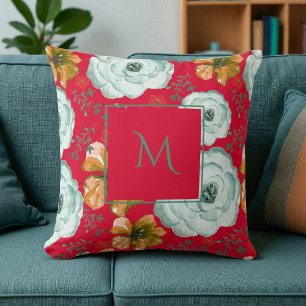 Red Green Watercolor Floral Script Cushion