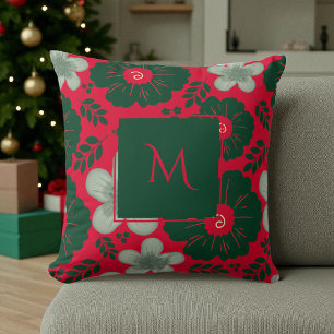 Red Green Watercolor Floral Script Cushion