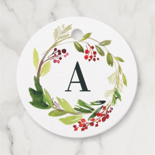 Red + green watercolor foliage initial Christmas Favour Tags