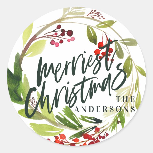 Red + green watercolor foliage merriest Christmas Classic Round Sticker (Front)