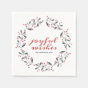 Red & Green Watercolor Holly Christmas Wreath Napkin