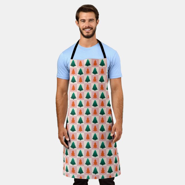 Red Green watercolor Merry Christmas tree pattern Apron (Worn)